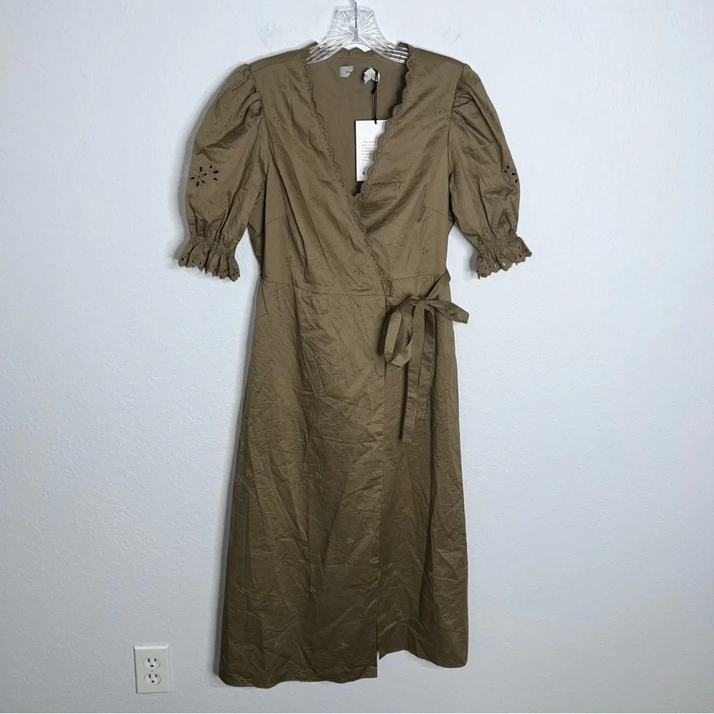 Coach Midi Dress Women’s 4 Eyelet Wrap Milkmaid Cottage Pockets Olive FF